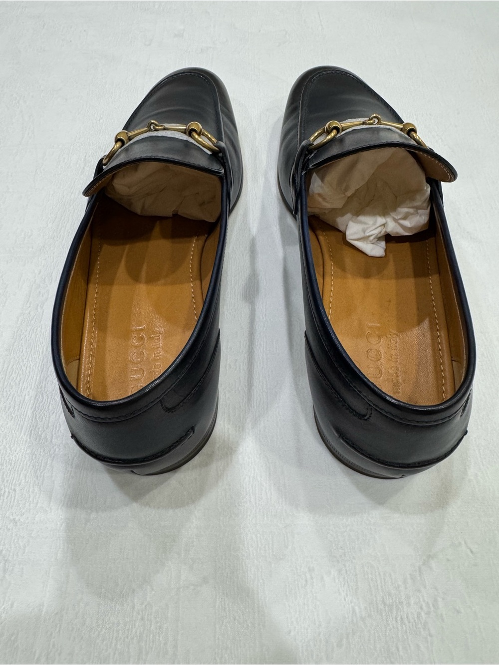 Brand New Men's Gucci Jordaan Navy Leather Bit Loafers (Gold Buckle) - Picture 8 of 10